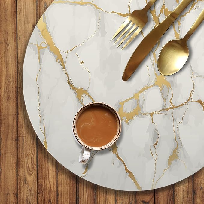 Round Leather Placemats Set of 4 PU Waterproof Non-Slip Washable Heat Resistant Place Mat for Kitchen Dining Table - Marble Gold Line
