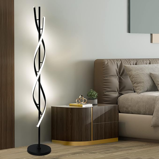 JUTIFAN Modern Spiral Floor Lamp for Living Room, 48W Dimmable Led Corner Floor Lamp with Remote Control, 53 Inch Black Floor Lamps 3 Color Tall Corner Reading Lamp Standing Floor Lamps for Bedroom
