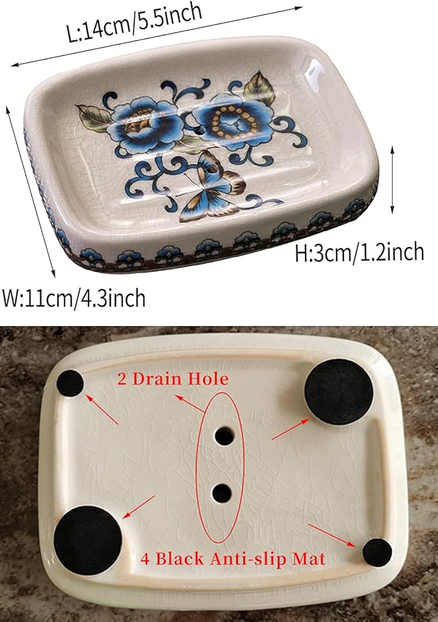 Ceramic Soap Dish Creative Ice Crack Ceramic Blue Butterfly and Flower Pattern Soap Dish Holder for Bathroom and Shower Soap Tray Box with Drain Gift for Mum Family
