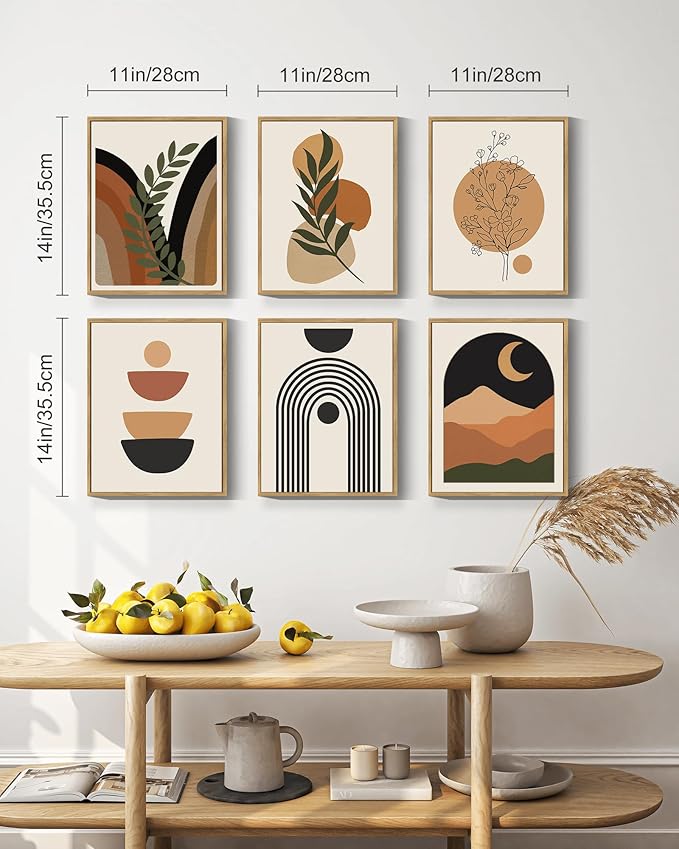Drsoum Boho Wall Decor Framed Wood Wall Art Mid Century Modern Canvas Abstract Boho Room Decor Bohemian Painting for Bedroom Kitchen Office Home Decor 11x14in - Natural Framed
