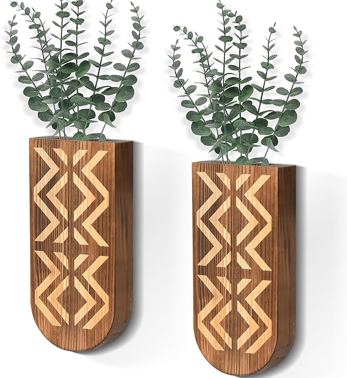 2 Pack Wooden Wall Vase Set, Wall Planter for Indoor Plants, Modern Farmhouse Art with Carving, Boho Wall Decor for Entryway, Hallway, Bathroom, Living Room, Dining Room