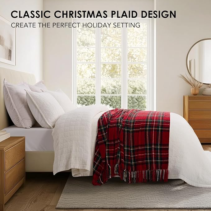 EVERGRACE Stewart Red Christmas Plaid Chenille Throw Blanket for Couch, Super Soft Cozy Tartan Checkered Throw Blanket with Tassels, Lightweight Plush Chenille Knit Throw for Christmas Decor, 50"x60"