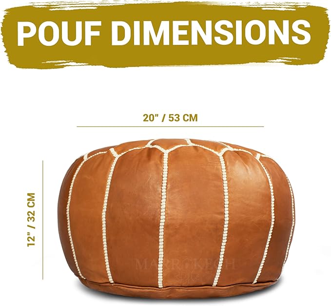 MARRAKESH STYLE Comfortable Leather Ottoman Pouf - Handmade Unstuffed Moroccan Pouf Cover - Round Pouf & Foot Rest Ottoman - Perfect for Living Rooms Bedrooms & Kids Room - Brown