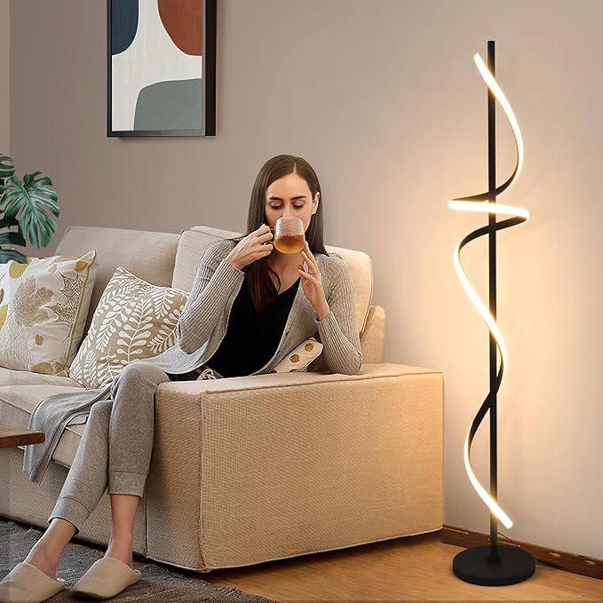 Modern Spiral Floor Lamp with Remote Control, 48W LED Floor Lamps for Living Room, 3 Colors Dimmable Tall Standing Lamp for Living Room, 60'' Modern Floor lamp for Bedroom Black