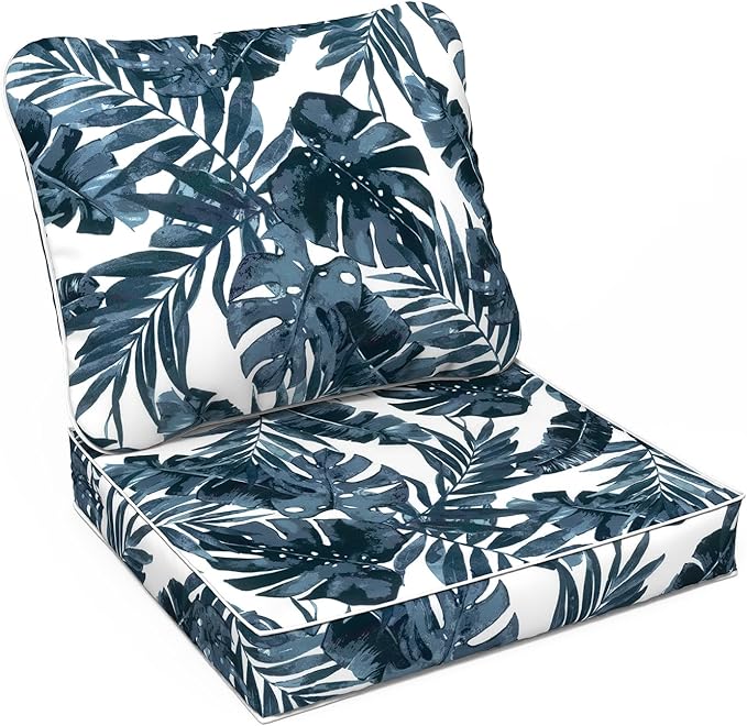 LVTXIII Outdoor Deep Seat Cushion Patio Seat and Back Cushion Set Seasonal Chair Cushion with Removable Cover and Adjustable Buckle for Home and Garden, 22"x22"x4", Palms Blue
