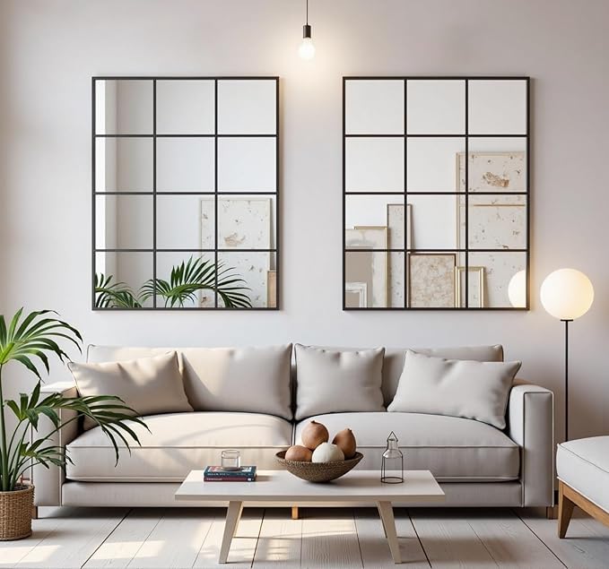 Rectangle Window Mirror Wall Mounted, 31"x47"in Window Pane Mirror Wall Decor Metal Framed, Large Black Mirrors for Bedroom Living Room Fireplace Entryway Hanging or Leaning Against Wall,Black