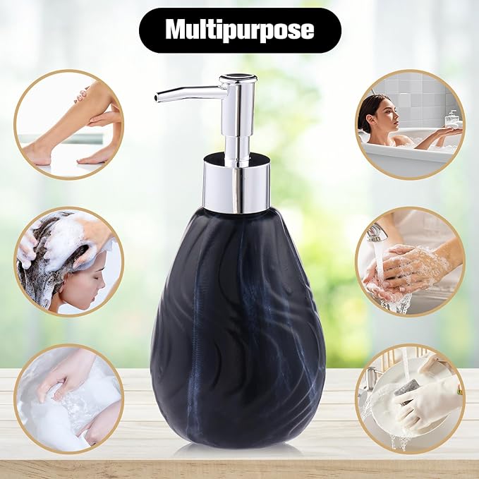 Ceramic Soap Dispenser and Soap Dish Set, Marbled Elegant Bathroom Decor with Non-Slip Base, Modern Hand Wash Bottle & Soap Tray for Bathroom Sink Countertop, Kitchen, Spa (Black)