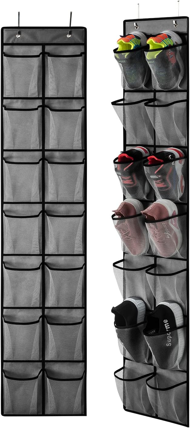 KEEPJOY Over the Door Shoe Organizer, Hanging Shoe Organizer with 4 Hooks,Door Shoe Holder with 14 Mesh Deep Pockets Closet Door Shoe Storage Bag (Grey-2Pack)