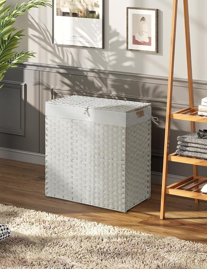 Greenstell Laundry Hamper with 2 Removable Liner Bags,90L Divided Clothes Hamper, Handwoven Synthetic Rattan Foldable Laundry Basket with Lid and Handles White (18.5 x 13.3 x 24.0Inches)