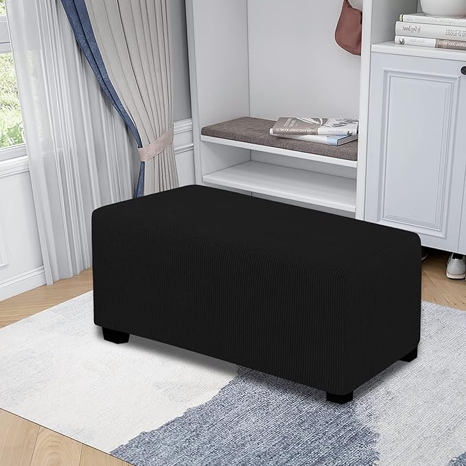 Easy-Going Stretch Ottoman Cover Folding Storage Stool Furniture Protector Soft Rectangle slipcover with Elastic Bottom(Ottoman Large,Black)