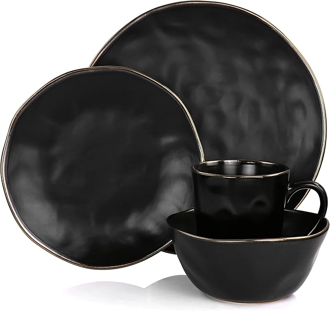 Elama Modern 16 Piece Stoneware Dinnerware Set in Matte Black with Gold Rim (ELM-MATTE)