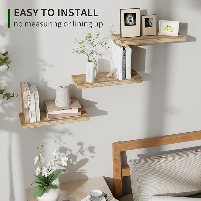 Wood Floating Shelves for Wall Set of 3, 17 Inch Wide Rustic Wooden Floating Shelves, Invisible Wall Mounted Display for Living Room Bedroom Kitchen Bathroom Office, Carbonized Black