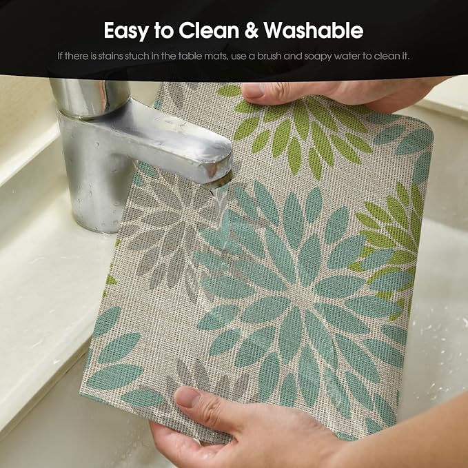 Artoid Mode Floral Vinyl Placemats Set of 6, Heat Resistant Washable Non-Slip Plistic PVC Place Mats for Party Kitchen Dining Decor, Sage