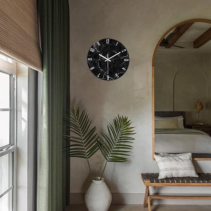 Marble Minimalist Wall Clock for Living Room Black Wall Clock Battery Operated 20 Inch Big Glass Wall Clock Non Ticking