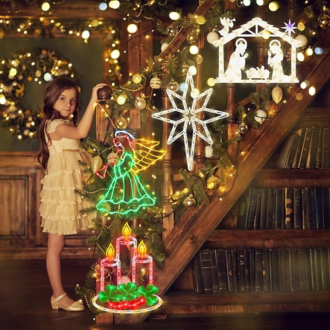 16" Christmas Window Silhouette Lights Decorations - 4 Pack Colour Lighted Angel & Nativity & Bethlehem Star & Candle for Holiday Indoor and Outdoor Wall Door Window Decorate