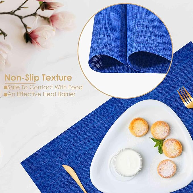 GIVERARE Placemats Set of 4, Heat-Resistant Woven Vinyl Placemat 12x18in, Non-Slip Washable PVC Table Mat, Easy to Clean Premium Plastic Mats for Dining, Kitchen Table (Navy Blue)