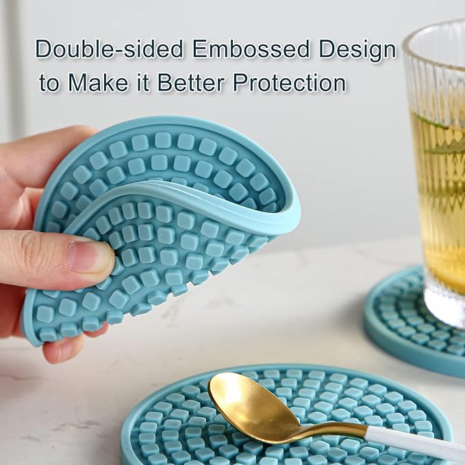 Colinda Silicone Drink Coasters with Holder, Set of 6, Outdoor Cup Mat for Hot or Cold Drinks, Thickened, Non-Slip,Non-Stick, Warm Grey