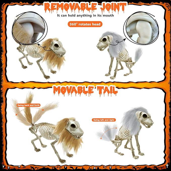 Askill 36" Skeleton Halloween Decorations, 3FT Posable Skeleton with Furry Dog & Wolf Skeleton - 3 in 1 Creepy Plastic Movable Joint Skeleton for Halloween Party Yard Decor - 36inch
