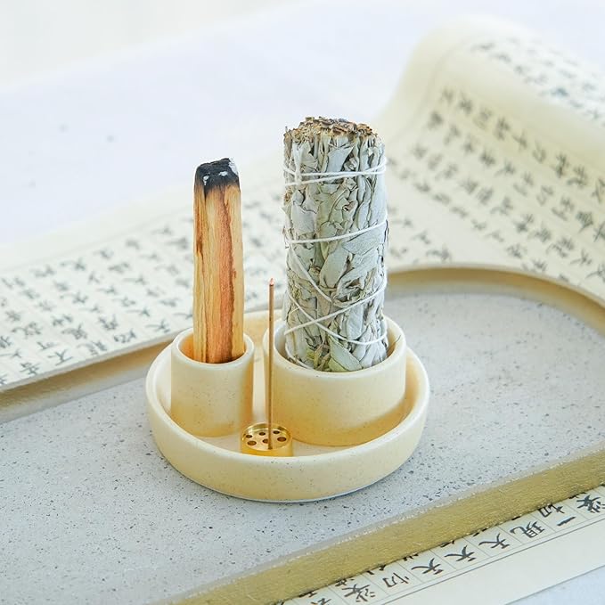 4 in 1 Incense Holder, Ceramic Incense Stick and Palo Santo Holder,Sage Holder for Burning- 4.25" Ceramic Ash Catcher Tray for Meditation and Yoga Room (Sand) 1