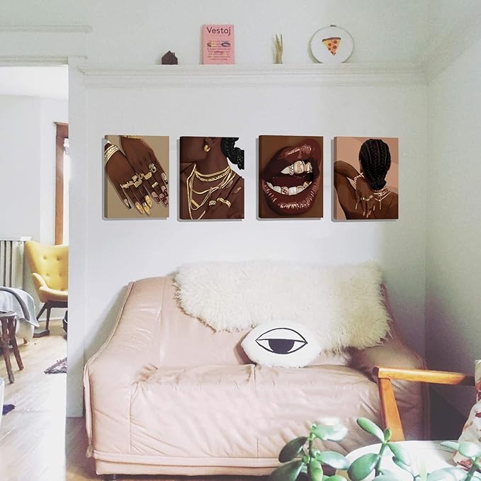 Black Woman Framed Canvas Art Printing,Boho Black Female Wall Art,Black Girl Art Poster,Abstract African American Woman Wall Art Decor for Home Bedroom - Set of 4 (8"X10",Built-in frame)