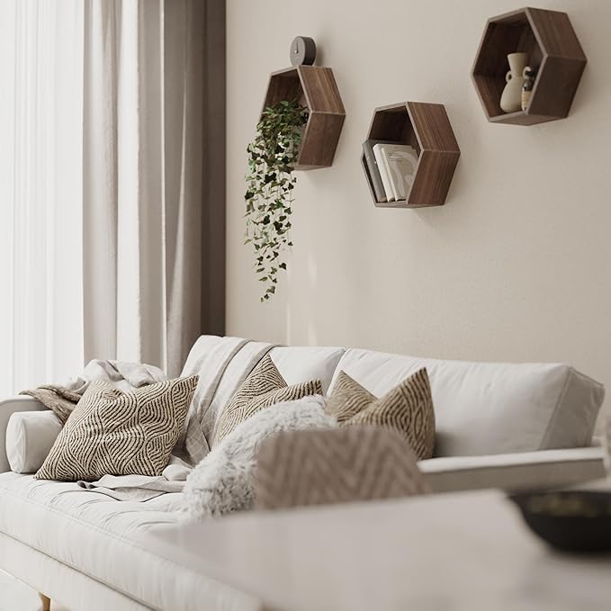 Rustic State Brooks Hexagon Decorative Floating Shelves with Wooden Back - Large, Medium, Small Honeycomb Geometric Box Design Display Bookshelf Picture Ledge - Distressed Walnut - Set of 3