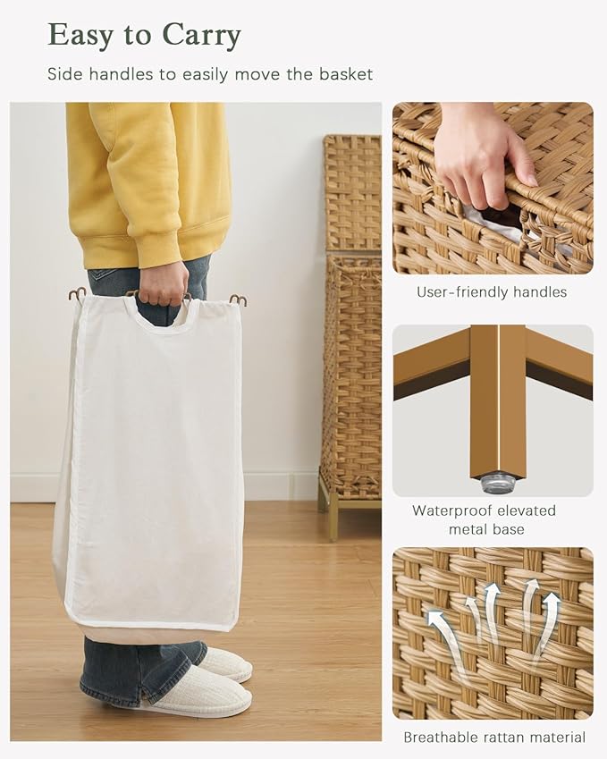 Laundry Hamper with Lid, 112 L Handwoven Rattan Wicker Laundry Basket, 2 Removable Liner Bags Metal Heightened Feet, 6 Mesh Bags, 2 Section Large Clothes Hamper for Bathroom Bedroom, Natural
