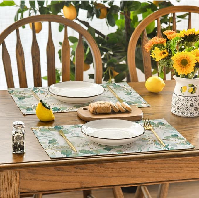 Artoid Mode Eucalyptus Summer Placemats for Dining Table, 12 x 18 Inch Spring Seasonal Holiday Decoration Rustic Vintage Washable Table Mats Set of 4 Beige