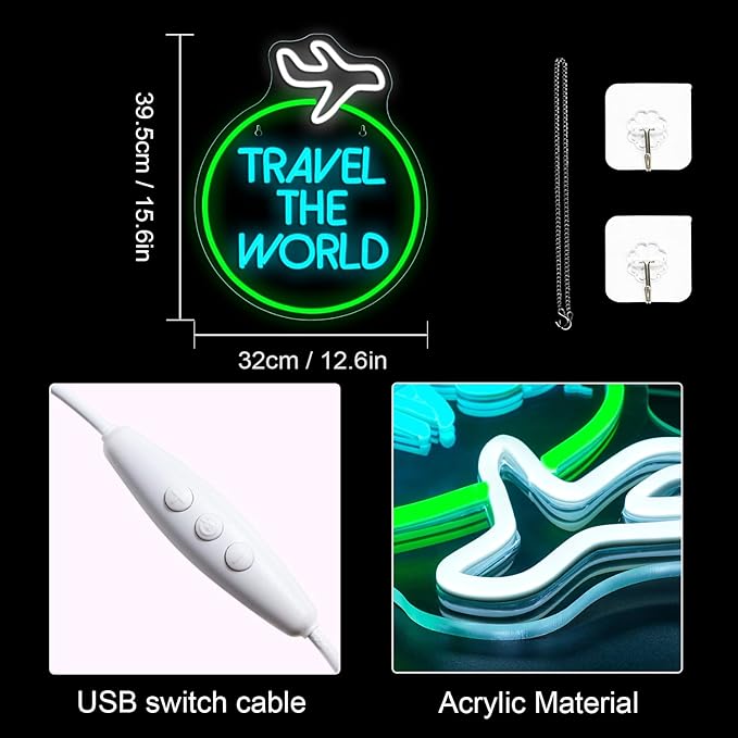 Lucunstar Travel the World Neon Sign Green Neon Lights White LED Sign Airplane Neon Signs for Wall Decor LED Lights Neon Light Sign for Bedroom Bar Man Cave Neon Wall Signs for Teen Neon Rope Light