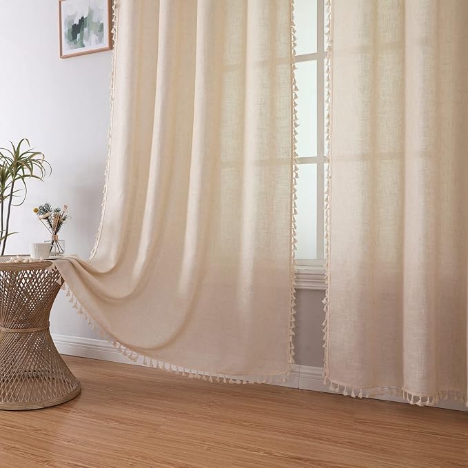 Joydeco Linen Boho Curtains 63 Inch Length 2 Panels, Super Soft Bohemian Farmhouse Curtains with Tassels, Semi Sheer Light Filtering Drapes for Bedroom Living Room (Rod Pocket, 52Wx63L)