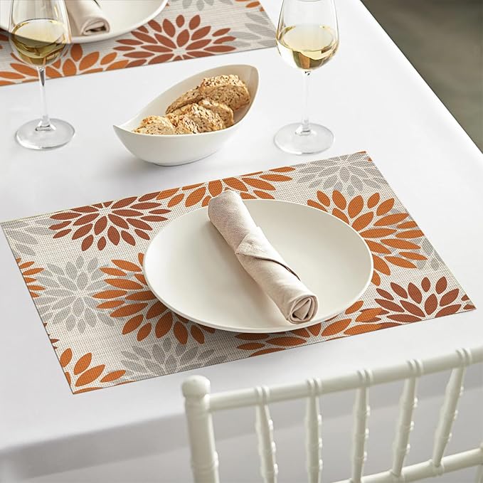 Artoid Mode Floral Vinyl Placemats Set of 6, Heat Resistant Washable Non-Slip Plistic PVC Place Mats for Fall Thanksgiving Party Kitchen Dining Decor, Orange