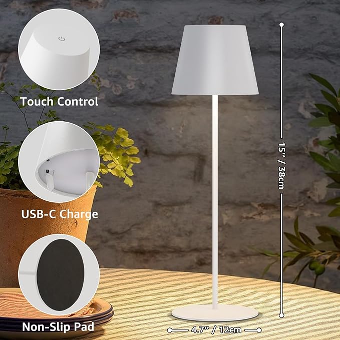 uuffoo 2 Pack Cordless Rechargeable Table Lamps, 5200mAh Battery Powered Outdoor Table Lamps with 3 Colors Stepless Dimming, Desk Night Light for Restaurant, Patio, Bedroom, Bar (White)