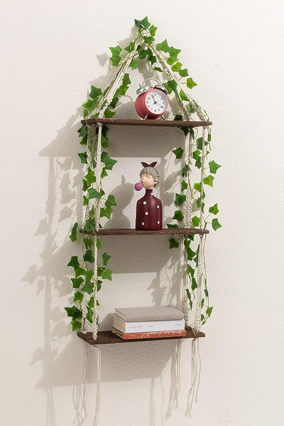 WOOD MEETS COLOR 3 Tier Macrame Wall Hanging Shelves with Artificial Ivy Leaves,Boho Room Decor Handmade Cotton Rope,Wooden Hanging Storage Floating Shelves for Small Plants,Living Room Bedroom