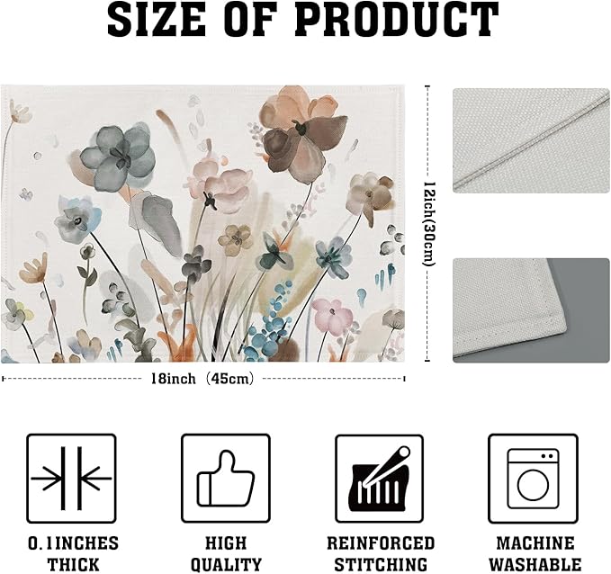 Brown Cream Grey Teal Floral Placemats Set of 6 Watercolor Flowers Place Mats Washable Dining Rustic Abstract Floral Farmhouse Linen Table Mats Stain Heat-Resistant Cloth Table Mat Decor 12x18 in