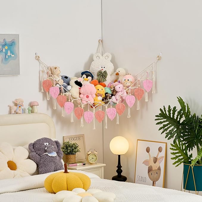 Pretty Jolly Macrame Leaf Wall Hanging Storage Hammock, 59" Boho Corner Organizer with Tassels, Stuffed Animal Plush Holder for Kids Room Nursery Decor (Leather Pink & Light Pink)