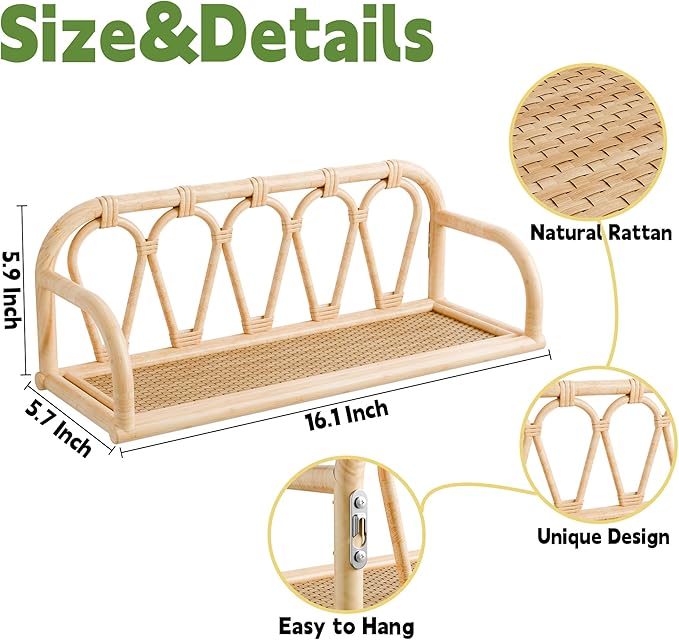 Rattan Wall Shelf - Natural Boho Wicker Shelf, Decorative Shelves for Nursery Decor,Picture Ledge Shelves, Wall Mail Organizer,Floating Rattan Bookshelf for Office, Bedroom,Bathroom,Kids Room