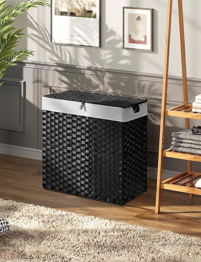 Greenstell Laundry Hamper with 2 Removable Liner Bags, Foldable Divided Clothes Hamper, 90L Handwoven Synthetic Rattan Laundry Basket with Lid and Handles, Easy to Install Black 18.3x13.3x24 Inches