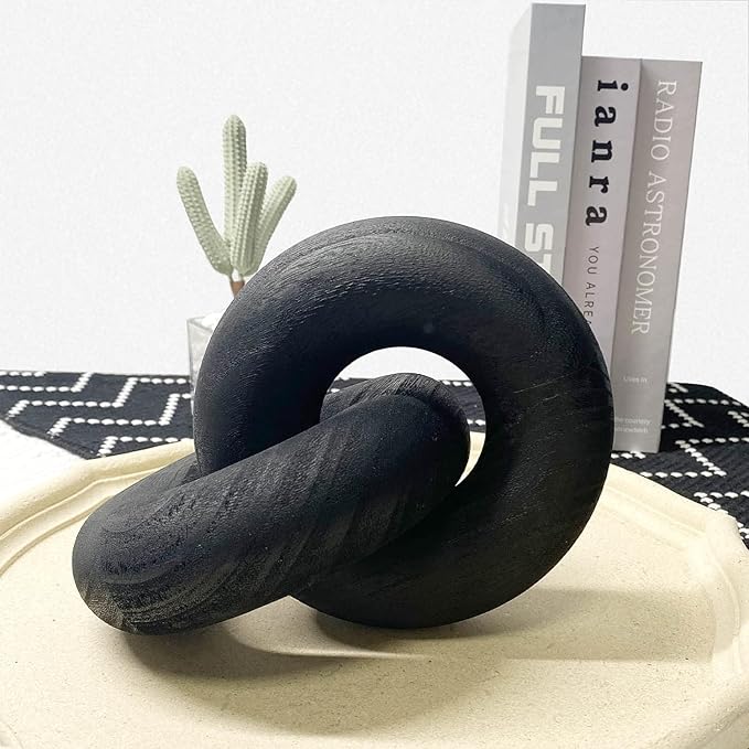 Wooden Knot for Coffee Table Decor Shelf Decor Boho Home Decor Statues, Modern Farmhouse Bookshelf Decorative Objects Wood Chain Link for Living Room- Black