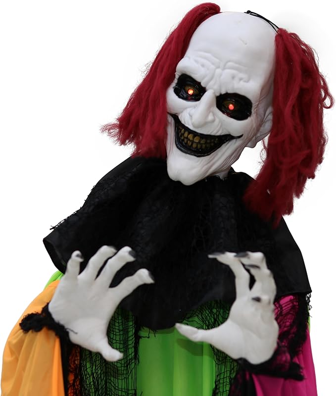 Haunted Hill Farm Life-Size Scary Talking Clown Halloween Animatronic with Motion and Touch Activated Lights and Sounds, Battery Operated Indoor or Covered Outdoor Creepy Halloween Decorations