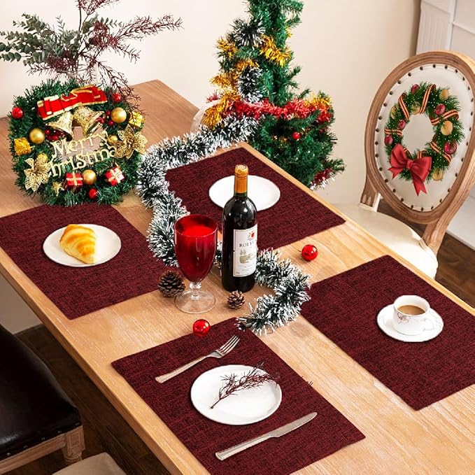 Christmas Placemats Set of 4, Bilayer Thickened Linen Place Mats Heat Resistant Machine Washable Wrinkle Free Carefully Selected Polyester Mats for Kitchen/Dining/Coffee Table (Deep Red)