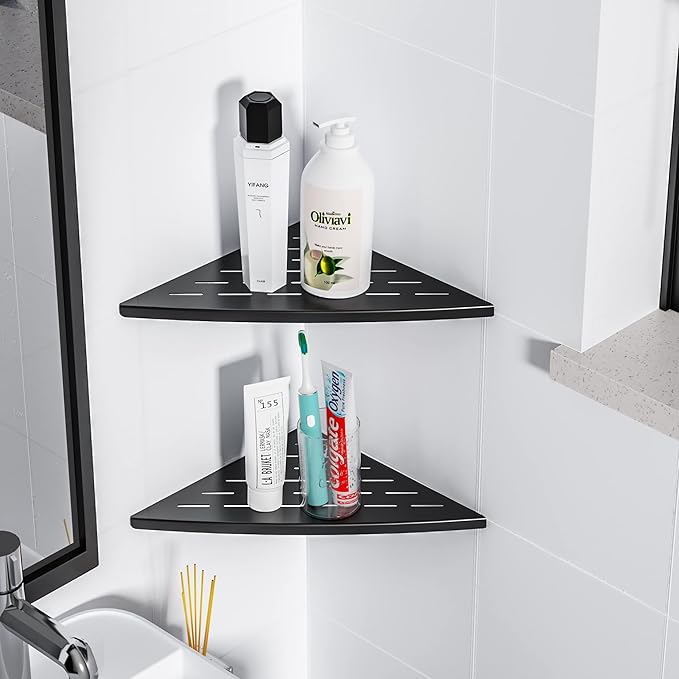 Corner Shower Shelf Matte Black, 304 Stainless Steel 11.5” Recessed Corner Shelf Bathroom for Tiled Wall, Floating Shower Shelves Shampoo Holder, No Drilling, 2 Pack