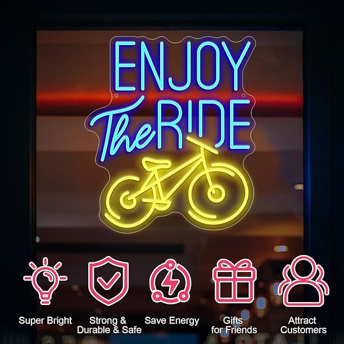 Enjoy The Ride Neon Sign, Gym Sign Fitness Neon Light, Motivational Sport Exercise Bike Sign Wall Decor Led Business Signs Backdrop Lights Wall Hanging Creative Neon Lights Signs Usb Powered