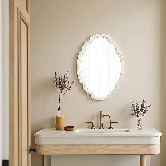 Vintage Sculpted Oval Mirrors for Wall Decor Living Room 16 x 23 inch, Hanging Distressed White Ornate Accent Wood Farmhouse Mirror, Rustic Wall Mounted Mirrors for Small Bathroom Entryway