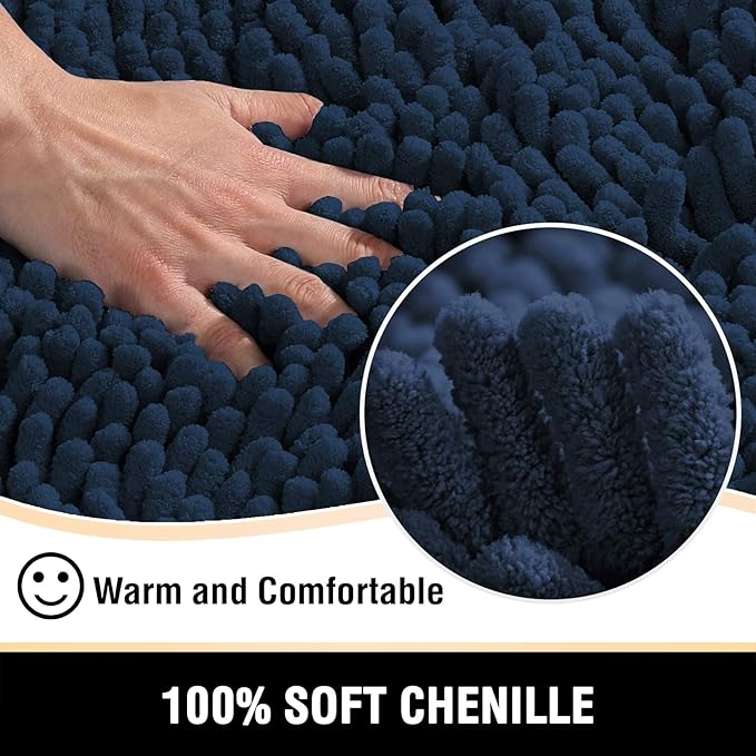 H.VERSAILTEX Toilet Mat U Shaped Bathroom Rugs Bath Mats for Bathroom Non Slip Luxury Chenille Bath Mat U Shape 20x24 Extra Soft and Absorbent Shaggy Rugs Washable Dry Fast - Navy
