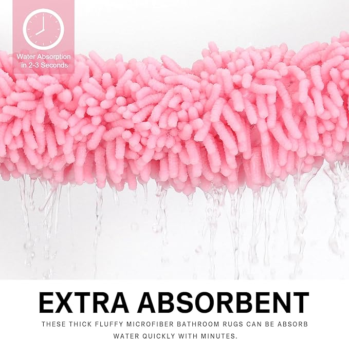 Pink Bathroom Rugs Sets 2 Piece Washable, Luxury ,Chenille Bath Mat Set, Soft Plush Anti-Slip Rectangular Bath, Rug Super Absorbent. (Pink, 32"x20"+32"x20")