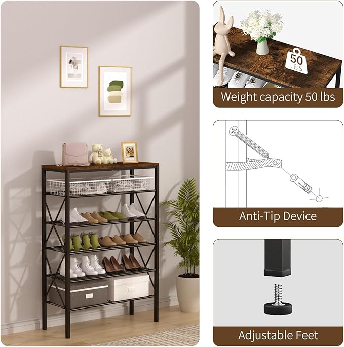 6 Tiers Metal Shoe Rack,Large Capacity Shoe Rack Holds 24 Pairs of Shoes, Durable and Stable, Adjustable Metal Shelf Stackable Shoe Shelf for Entryway, Hallway, Living Room, Closet