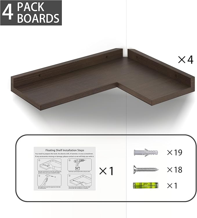 4 Tier Floating Corner Shelves - Set of 4 Rustic Wooden Floating Corner Wall Shelf with Cord Hole, L Shaped Corner Shelf Wall Mount for Bedroom,Living Room,Bathroom,Kitchen, Walnut Color