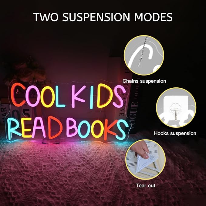 Cool Kids Read Books Neon Sign Reading Corner for Kids Neon Signs for Wall Decor LED Light Library Classroom Book Club Christmas Gift for Kids & Teens(5V2A)