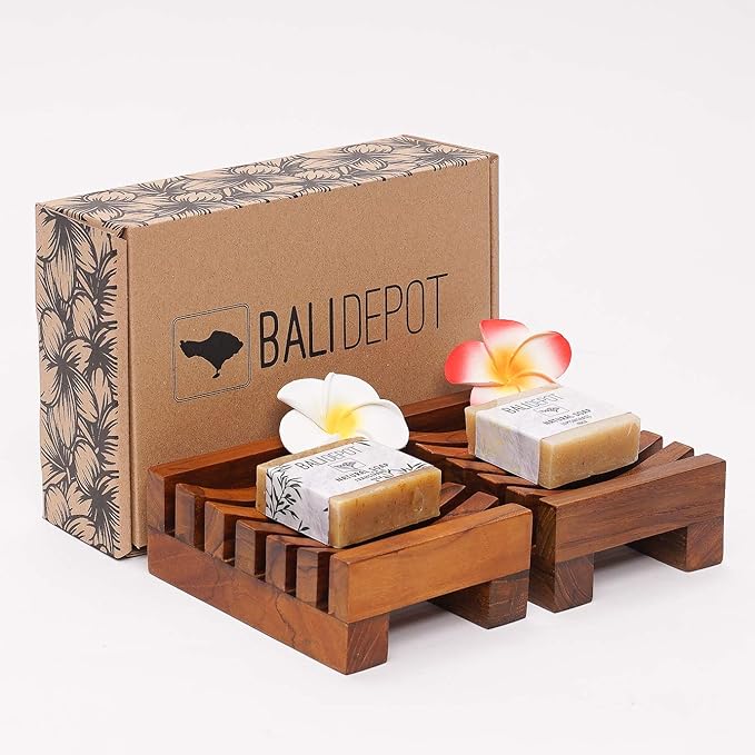 Teak Soap Dish Gift Set - Bundle of 2 Handcrafted Soap Dishes - Handmade in Bali, Stylish, Nontoxic, Recycled, Soap Holder is Perfect for Shower, Bathroom, Kitchen, Tub, and Outdoors