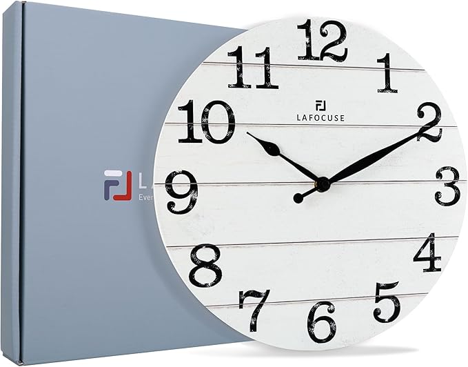 Lafocuse 12 Inch Silent White Wall Clocks for Kitchen Living Room Decor, Wooden Rustic Wall Clock Battery Operated, Decorative Farmhouse Clock