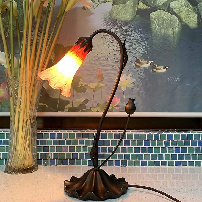 Bieye L10697 Lily Flower Blown Glass Accent Table Lamp for Living Room Bedroom Decoration (1-Light, Orange)